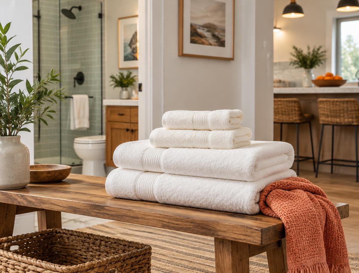 Folded fresh linens in a clean rental interior